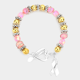 Pink Ribbon Charm Beaded Toggle Bracelet