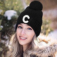 -C- Monogram Faux Fur Pom Pom Knit Beanie Hat