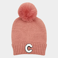 -C- Monogram Faux Fur Pom Pom Knit Beanie Hat