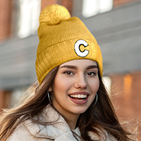 -C- Monogram Faux Fur Pom Pom Knit Beanie Hat