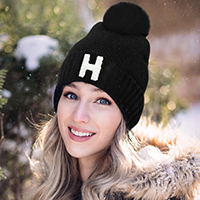 -H- Monogram Faux Fur Pom Pom Knit Beanie Hat