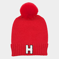 -H- Monogram Faux Fur Pom Pom Knit Beanie Hat