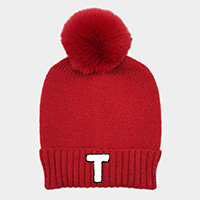 -T- Monogram Faux Fur Pom Pom Knit Beanie Hat