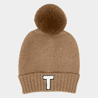 -T- Monogram Faux Fur Pom Pom Knit Beanie Hat