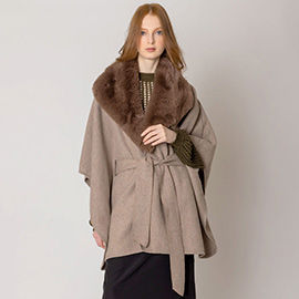 Faux Fur Collar Belted Poncho