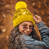 Sequin Knit Pom Pom Beanie Hat