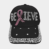 Bling Pink Ribbon Believe Message Baseball Cap