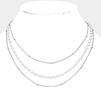 Pearl Metal Ball Chain Triple Layered Bib Necklace