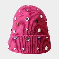 Pearl Jewel Embellished Fleece Lining Knit Beanie Hat 