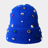 Pearl Jewel Embellished Fleece Lining Knit Beanie Hat 