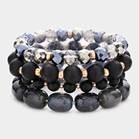 4PCS - Semi Precious Wood Faceted Beaded Stretch Bracelets