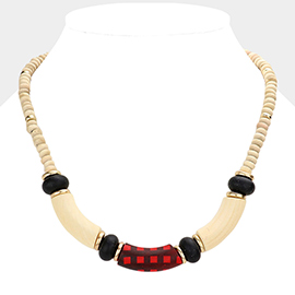 Check Pattered Resin Accented Wood Beaded Necklace