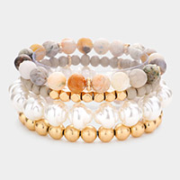 4PCS - Semi Precious Pearl Wood Beaded Stretch Bracelets