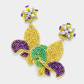 Mardi Gras Felt Back Beaded Fleur de Lis Dangle Earrings