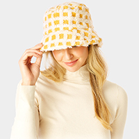 Check Patterned Faux Fur Bucket Hat