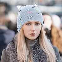 Cat Ear Ribbon Stone Embellished Beanie Hat