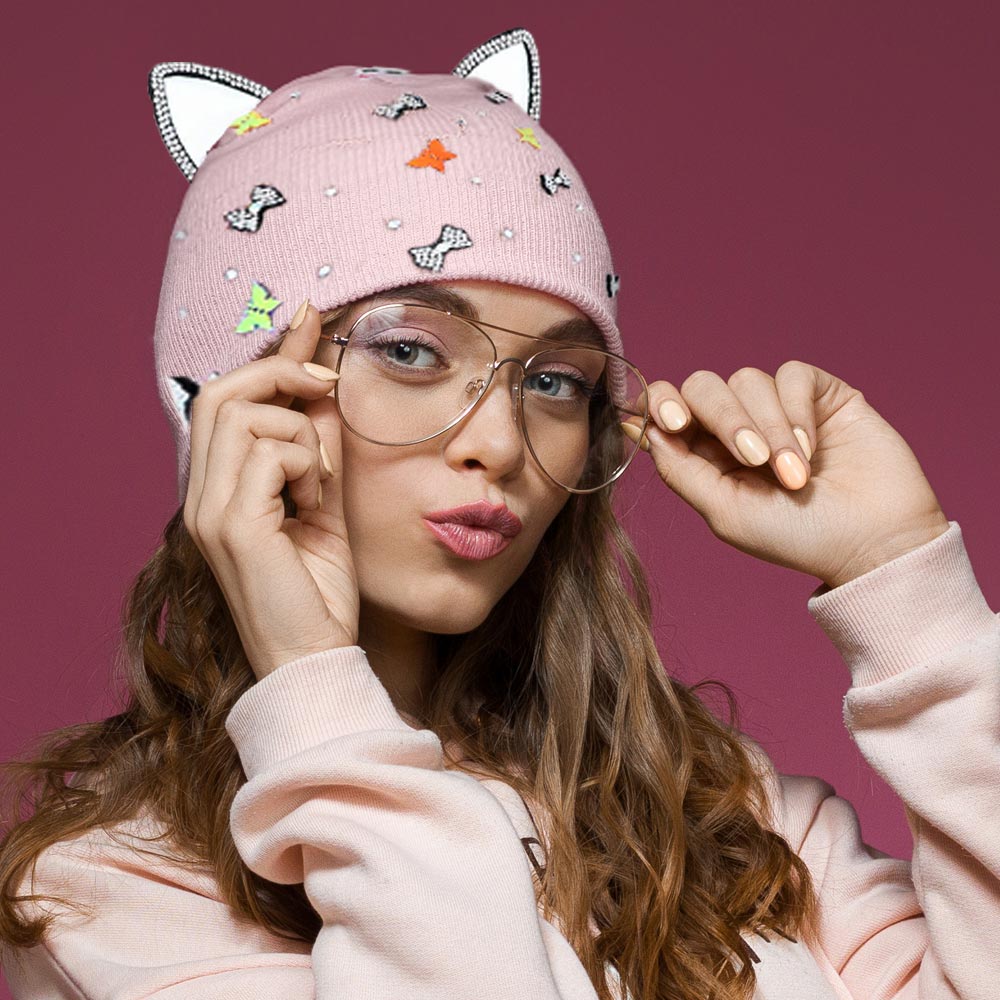 Cat Ear Ribbon Stone Embellished Beanie Hat