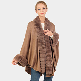 Faux Fur Trimmed Solid Long Shawl Poncho Cape