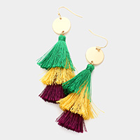 Mardi Gras Metal Disc Triple Layered Tassel Dangle Earrings