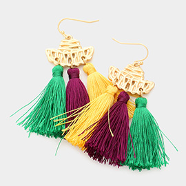 Mardi Gras Metal Hat Triple Tassel Link Dangle Earrings