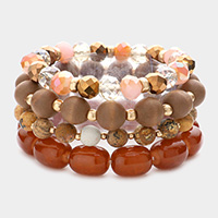 4PCS - Semi Precious Wood Faceted Beaded Stretch Bracelets