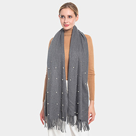 Pearl Embellished Solid Fringe Oblong Scarf