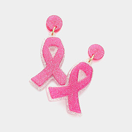 Glittered Resin Pink Ribbon Dangle Earrings