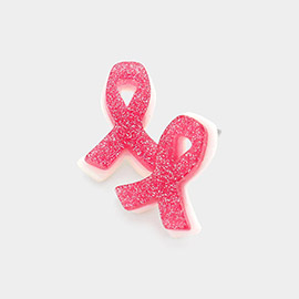 Glittered Resin Pink Ribbon Stud Earrings