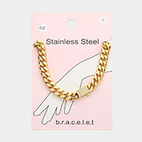 Stainless Steel CZ Embellished Metal Chain Link Bracelet