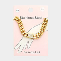 Stainless Steel CZ Embellished Metal Chain Link Bracelet