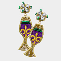 Mardi Gras Felt Back Fleur de Lis Pointed Beaded Wine Dangle Earrings