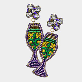 Mardi Gras Felt Back Fleur de Lis Pointed Beaded Wine Dangle Earrings