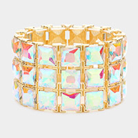 3Rows Square Stone Stretch Evening Bracelet