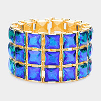 3Rows Square Stone Stretch Evening Bracelet