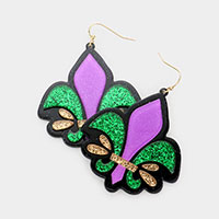 Mardi Gras Glittered Resin Fleur de Lis Dangle Earrings