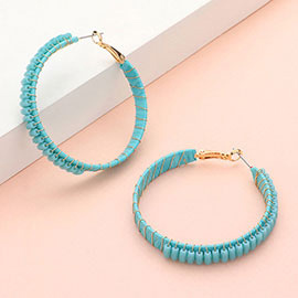 Rectangle Bead Trimmed Raffia Wrapped Hoop Earrings