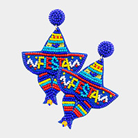 Fiestas Message Felt Back Beaded Hat Dangle Earrings