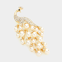 Pearl Rhinestone Embellished Peacock Pin Brooch