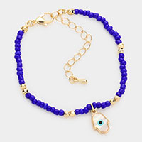 Evil Eye Centered Hamsa Hand Charm Seed Beaded Bracelet