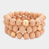 3PCS - Wood Ball Metal Beaded Stretch Bracelets