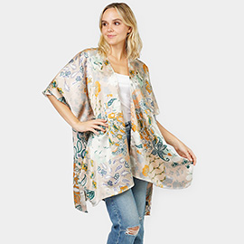 Floral Patterned Satin Cover Up Kimono Poncho