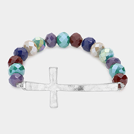 Hammered Metal Cross Accented Faceted Beads Stretch Bracelet