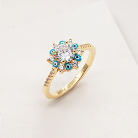 Evil Eye Accented CZ Round Stone Ring