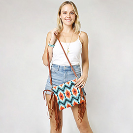 Aztec Print Tassel Wristlet Clutch / Crossbody Bag