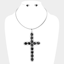 Glass Stone Embellished Cross Pendant Necklace