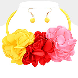 Triple Fabric Flower Necklace