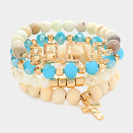 4PCS - Believe Message Cross Charm Semi Precious Wood Ball Faceted Beaded Stretch Bracelets