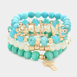 4PCS - Believe Message Cross Charm Semi Precious Wood Ball Faceted Beaded Stretch Bracelets