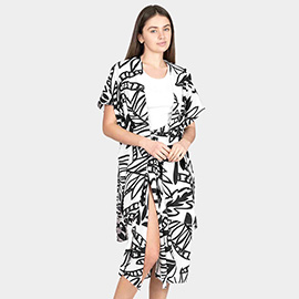 Leaf Patterned Cover Up Kimono Poncho