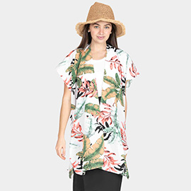 Tropical Leaf Patterned Lace Cover Up Kimono Poncho